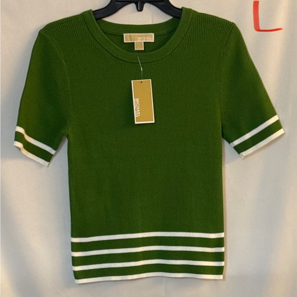Michael Kors Tops - Michael Kors Green Short Sleeve Ribbed Knit Top with White Stripe Trim